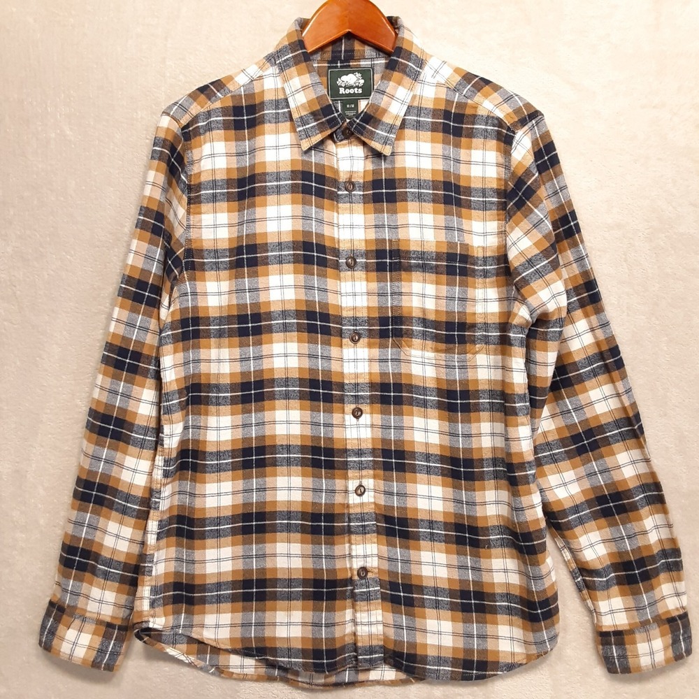 Roots Mens Long Sleeve Soft Cotton Flannel Shirt Sz.M/Beige-Blue/Plaid/Pocket